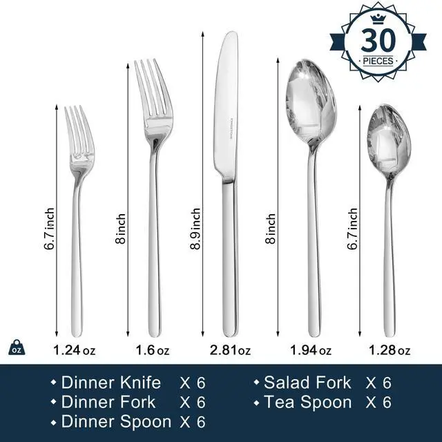 Alt view image 2 of 7 - KINGSTONE 30 Pieces Silverware Set, Flatware Cutlery Set for 6, 18/10 Stainless Steel Silverware Utensils Minimalist Design Dishwasher Safe