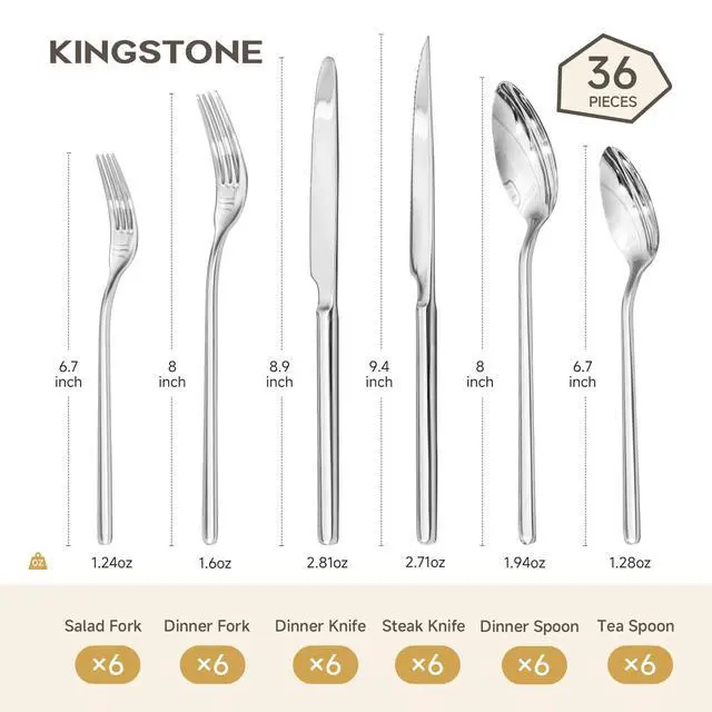Alt view image 2 of 7 - KINGSTONE 36-Piece Silverware Set with Steak Knives, Flatware Set for 6, 18/10 Stainless Steel Tableware Cutlery Set for Home Restaurant, Mirror Finish,Modern Design