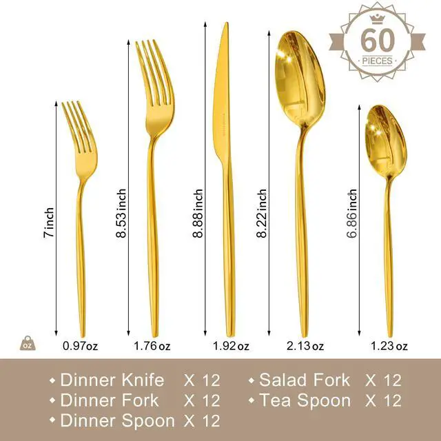 Alt view image 2 of 7 - 18/10 Silverware Set for 12, 60 Piece Gold Stainless Steel Flatware Cutlery | KINGSTONE Mirror Polished Forks Knives Spoons Utensils, Tableware for Home Kitchen Restaurant Wedding, Dishwasher Safe