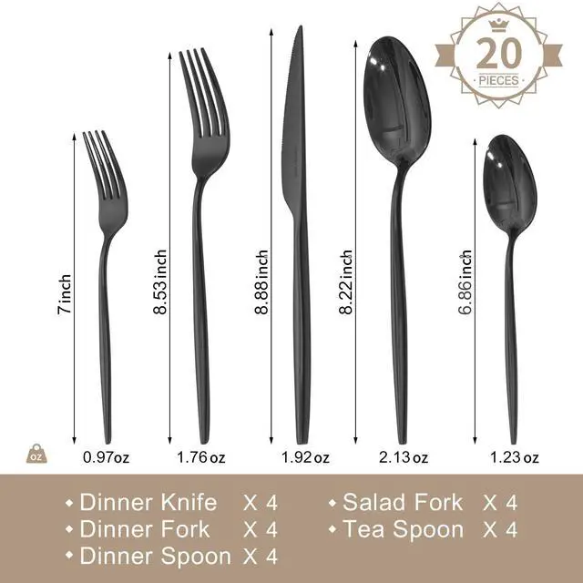 Alt view image 2 of 7 - 18/10 Silverware Set for 4, 20 Piece Black Stainless Steel Flatware Cutlery | KINGSTONE Mirror Polished Forks Knives Spoons Utensils, Tableware for Home Kitchen Restaurant Wedding, Dishwasher Safe