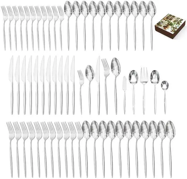 Main image of 65 Piece Silverware Set for 12 with Serving Utensils, 18/10 Stainless Steel | KINGSTONE Flatware set, Mirror Polished Forks Knives Spoons Utensils,Gift Cutlery for Restaurant Wedding, Dishwasher Safe