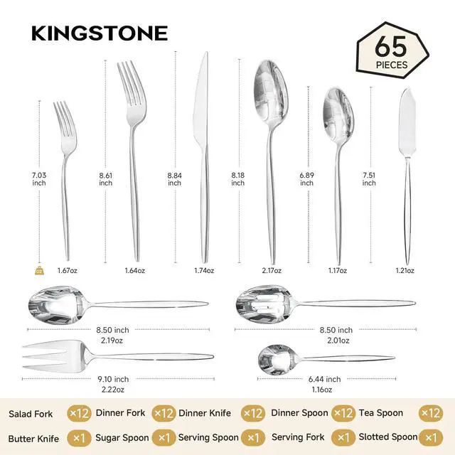 Alt view image 2 of 7 - 65 Piece Silverware Set for 12 with Serving Utensils, 18/10 Stainless Steel | KINGSTONE Flatware set, Mirror Polished Forks Knives Spoons Utensils,Gift Cutlery for Restaurant Wedding, Dishwasher Safe