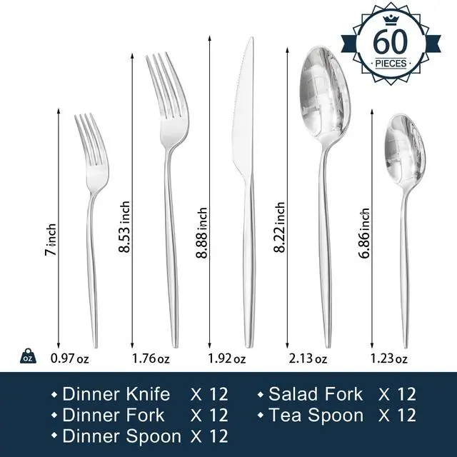 Alt view image 2 of 7 - 18/10 Silverware Set for 12, 60 Piece Stainless Steel Flatware Cutlery Set | KINGSTONE Mirror Polished Forks Knives Spoons Utensils, Tableware for Home Kitchen Restaurant Wedding, Dishwasher Safe