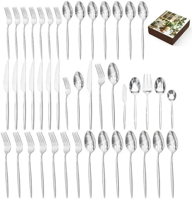 Main image of 45 Piece Silverware Set for 8 with Serving Utensils, 18/10 Stainless Steel | KINGSTONE Flatware set, Mirror Polished Forks Knives Spoons Utensils,Gift Cutlery for Restaurant Wedding, Dishwasher Safe