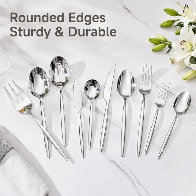 Alt view image 3 of 7 - 45 Piece Silverware Set for 8 with Serving Utensils, 18/10 Stainless Steel | KINGSTONE Flatware set, Mirror Polished Forks Knives Spoons Utensils,Gift Cutlery for Restaurant Wedding, Dishwasher Safe