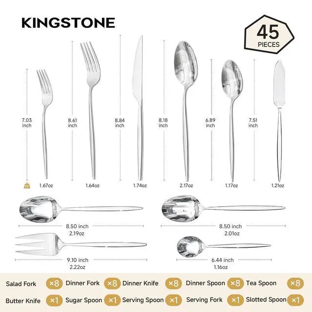 Alt view image 2 of 7 - 45 Piece Silverware Set for 8 with Serving Utensils, 18/10 Stainless Steel | KINGSTONE Flatware set, Mirror Polished Forks Knives Spoons Utensils,Gift Cutlery for Restaurant Wedding, Dishwasher Safe
