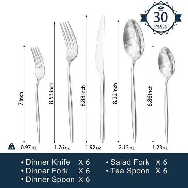 Alt view image 2 of 7 - 18/10 Silverware Set for 6, 30 Piece Stainless Steel Flatware Cutlery Set | KINGSTONE Mirror Polished Forks Knives Spoons Utensils, Tableware for Home Kitchen Restaurant Wedding, Dishwasher Safe