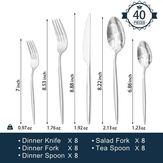 Alt view image 2 of 7 - 18/10 Silverware Set for 8, 40 Piece Stainless Steel Flatware Cutlery Set | KINGSTONE Mirror Polished Forks Knives Spoons Utensils, Tableware for Home Kitchen Restaurant Wedding, Dishwasher Safe