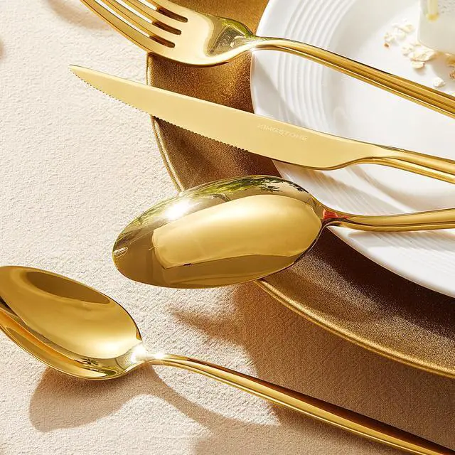 Alt view image 4 of 7 - 18/10 Silverware Set for 4, 20 Piece Gold Stainless Steel Flatware Cutlery | KINGSTONE Mirror Polished Forks Knives Spoons Utensils, Tableware for Home Kitchen Restaurant Wedding, Dishwasher Safe