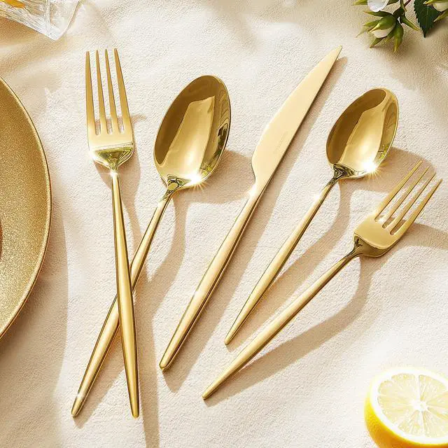 Alt view image 6 of 7 - 18/10 Silverware Set for 4, 20 Piece Gold Stainless Steel Flatware Cutlery | KINGSTONE Mirror Polished Forks Knives Spoons Utensils, Tableware for Home Kitchen Restaurant Wedding, Dishwasher Safe