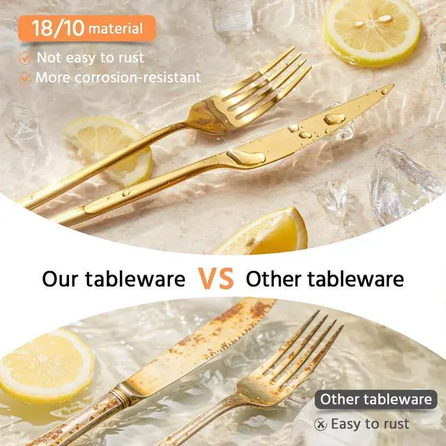 Alt view image 7 of 7 - 18/10 Silverware Set for 4, 20 Piece Gold Stainless Steel Flatware Cutlery | KINGSTONE Mirror Polished Forks Knives Spoons Utensils, Tableware for Home Kitchen Restaurant Wedding, Dishwasher Safe