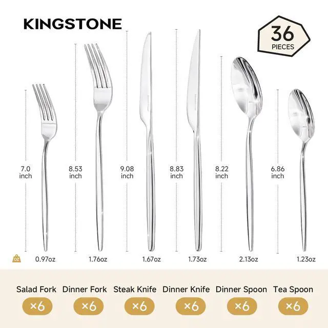 Alt view image 2 of 7 - 36 Piece Silverware Set for 6 with Steak Knives, 18/10 Stainless Steel | KINGSTONE Flatware set, Mirror Polished Fork Knives Spoon Utensils,Cutlery set for Home Restaurant Wedding, Dishwasher Safe