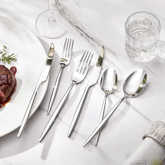 Alt view image 3 of 7 - 24 Piece Silverware Set for 4 with Steak Knives, 18/10 Stainless Steel | KINGSTONE Flatware set, Mirror Polished Fork Knives Spoon Utensils,Cutlery set for Home Restaurant Wedding, Dishwasher Safe