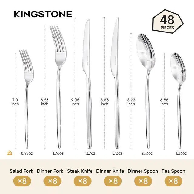 Alt view image 2 of 7 - 48 Piece Silverware Set for 8 with Steak Knives, 18/10 Stainless Steel | KINGSTONE Flatware set, Mirror Polished Fork Knives Spoon Utensils,Cutlery set for Home Restaurant Wedding, Dishwasher Safe