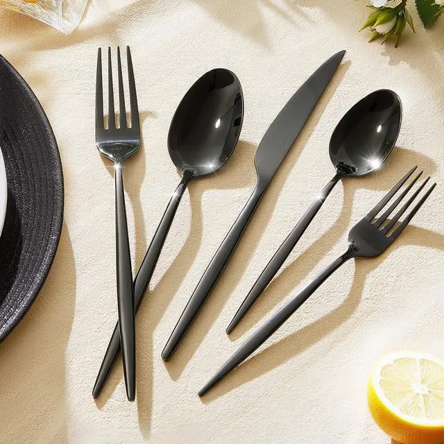 Alt view image 4 of 7 - 18/10 Silverware Set for 8, 40 Piece Black Stainless Steel Flatware Cutlery | KINGSTONE Mirror Polished Forks Knives Spoons Utensils, Tableware for Home Kitchen Restaurant Wedding, Dishwasher Safe