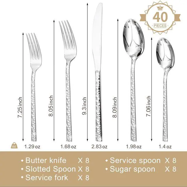 Alt view image 2 of 7 - 40 Piece Hammered Silverware Set, 18/10 Stainless Steel Flatware Set for 8 | KINGSTONE Mirror Polished Knives Forks Spoons Utensils, Cutlery Set for Home, Party, Wedding, Housewarming, Dishwasher Safe