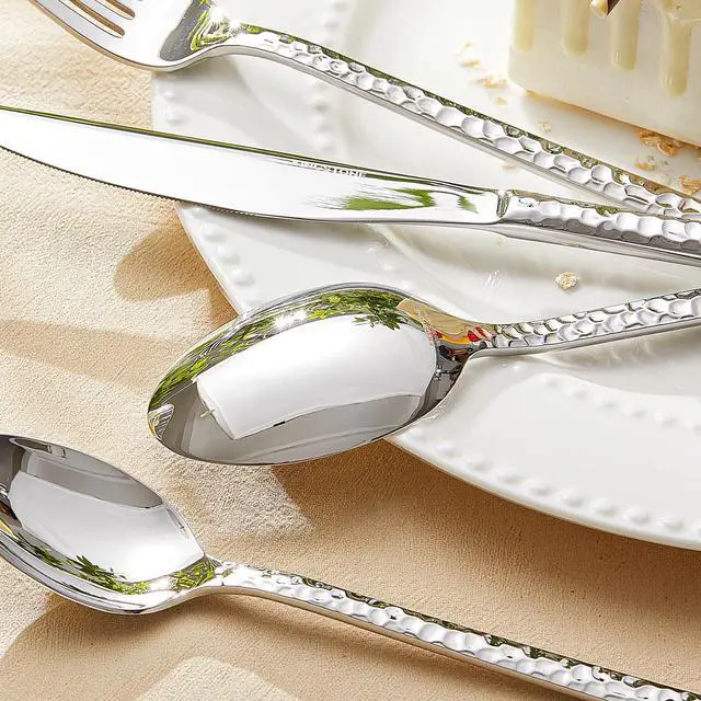 Alt view image 6 of 7 - 30 Piece Hammered Silverware Set, 18/10 Stainless Steel Flatware Set for 6 | KINGSTONE Mirror Polished Knives Forks Spoons Utensils, Cutlery Set for Home, Party, Wedding, Housewarming, Dishwasher Safe