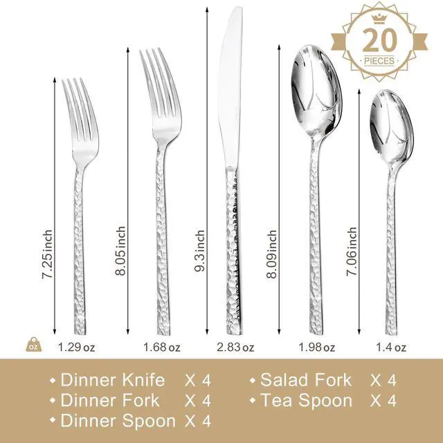 Alt view image 2 of 7 - 20 Piece Hammered Silverware Set, 18/10 Stainless Steel Flatware Set for 4 | KINGSTONE Mirror Polished Knives Forks Spoons Utensils, Cutlery Set for Home, Party, Wedding, Housewarming, Dishwasher Safe