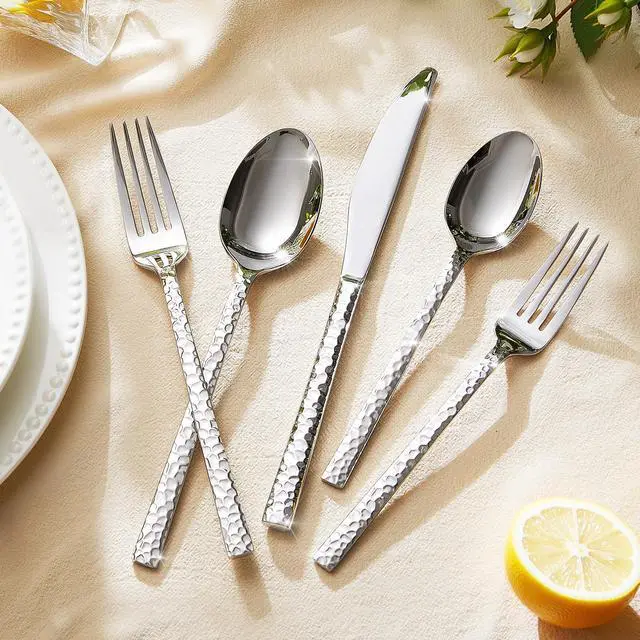 Alt view image 5 of 7 - 30 Piece Hammered Silverware Set, 18/10 Stainless Steel Flatware Set for 6 | KINGSTONE Mirror Polished Knives Forks Spoons Utensils, Cutlery Set for Home, Party, Wedding, Housewarming, Dishwasher Safe