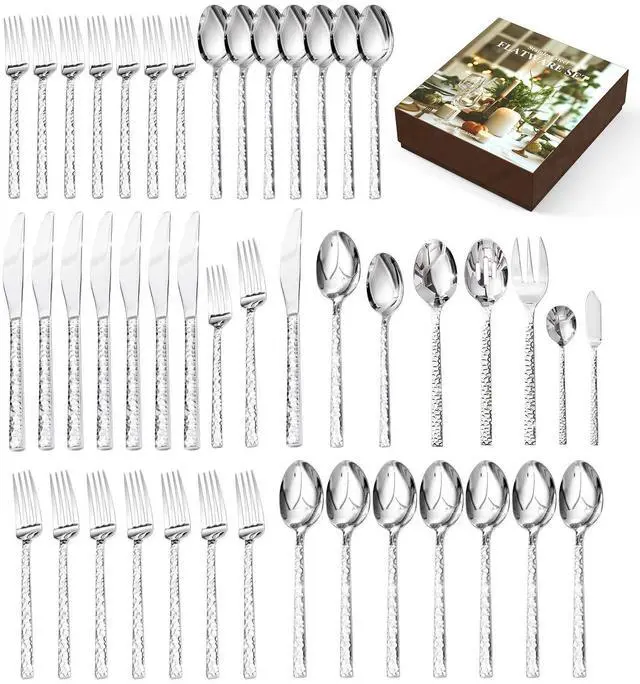 Main image of 45 Piece Silverware Set with Serving Utensils, 18/10 Stainless Steel | KINGSTONE Hammered Flatware Set, Mirror Polished Knives Forks Spoon Utensils, Cutlery Set for Party, Wedding, Dishwasher Safe