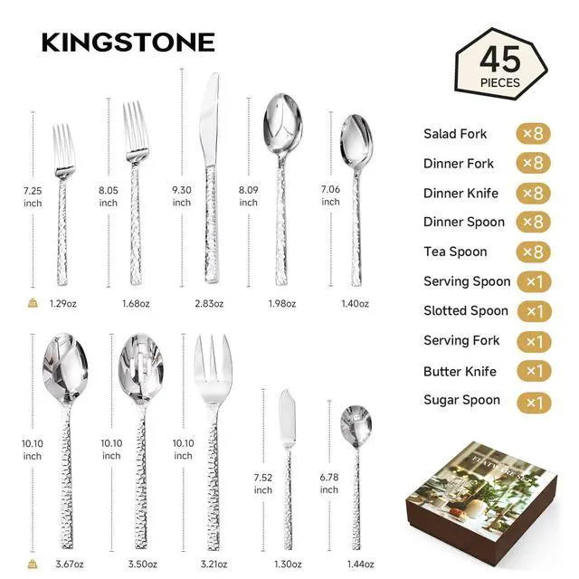 Alt view image 2 of 7 - 45 Piece Silverware Set with Serving Utensils, 18/10 Stainless Steel | KINGSTONE Hammered Flatware Set, Mirror Polished Knives Forks Spoon Utensils, Cutlery Set for Party, Wedding, Dishwasher Safe