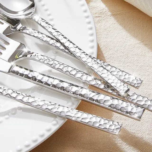 Alt view image 4 of 7 - 30 Piece Hammered Silverware Set, 18/10 Stainless Steel Flatware Set for 6 | KINGSTONE Mirror Polished Knives Forks Spoons Utensils, Cutlery Set for Home, Party, Wedding, Housewarming, Dishwasher Safe
