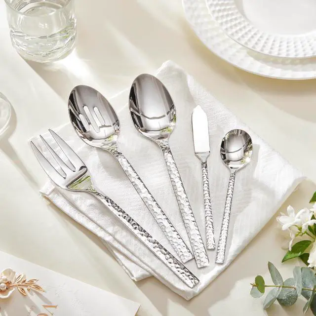 Alt view image 4 of 7 - 45 Piece Silverware Set with Serving Utensils, 18/10 Stainless Steel | KINGSTONE Hammered Flatware Set, Mirror Polished Knives Forks Spoon Utensils, Cutlery Set for Party, Wedding, Dishwasher Safe