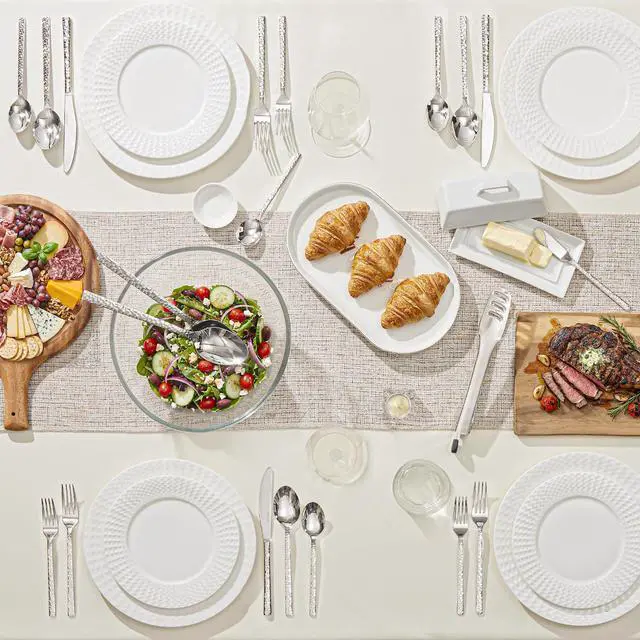 Alt view image 6 of 7 - 45 Piece Silverware Set with Serving Utensils, 18/10 Stainless Steel | KINGSTONE Hammered Flatware Set, Mirror Polished Knives Forks Spoon Utensils, Cutlery Set for Party, Wedding, Dishwasher Safe