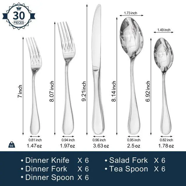 Alt view image 2 of 6 - 18/10 Stainless Steel Silverware Set for 6, 30 Piece Teardrop Flatware Set | KINGSTONE Heavy Cutlery Set, Mirror Polished Knives Forks and Spoons Utensils, Dishwasher Safe for Home Kitchen Wedding