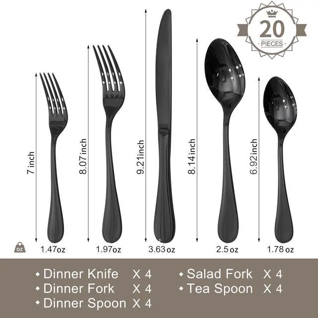 Alt view image 2 of 7 - 18/10 Stainless Steel Silverware Set for 4, 20 Piece Black Flatware Set | KINGSTONE Teardrop Heavy Cutlery Set, Mirror Polished Knives Fork Spoons Utensils, Dishwasher Safe for Home Kitchen Wedding