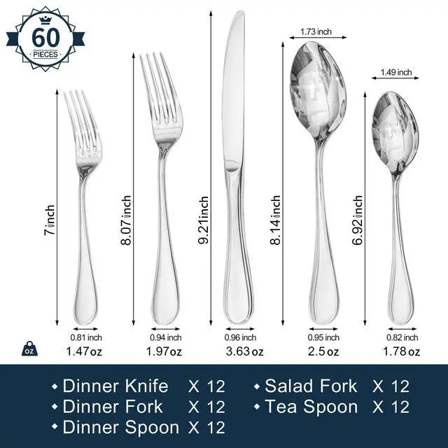 Alt view image 2 of 6 - 18/10 Stainless Steel Silverware Set for 12, 60 Piece Teardrop Flatware Set | KINGSTONE Heavy Cutlery Set, Mirror Polished Knives Forks and Spoons Utensils, Dishwasher Safe for Home Kitchen Wedding
