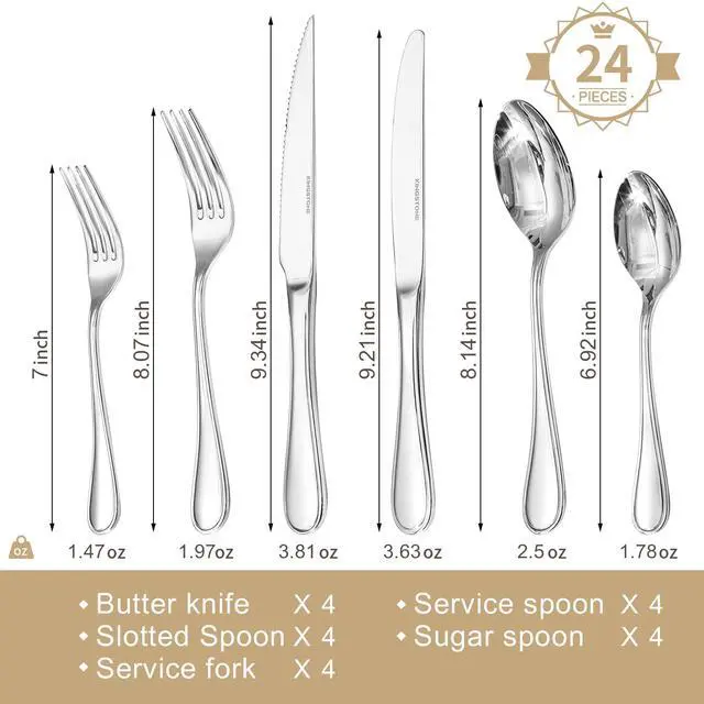 Alt view image 2 of 7 - 24 Piece Silverware Set for 4 with Steak Knives, 18/10 Stainless Steel | KINGSTONE Teardrop Heavy Cutlery Set, Mirror Polished Knives Forks and Spoons Utensils, Dishwasher Safe for Kitchen Wedding