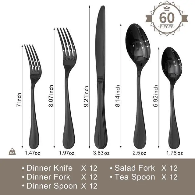 Alt view image 2 of 7 - 18/10 Stainless Steel Silverware Set for 12, 60 Piece Black Flatware Set | KINGSTONE Teardrop Heavy Cutlery Set, Mirror Polished Knives Fork Spoons Utensils, Dishwasher Safe for Home Kitchen Wedding