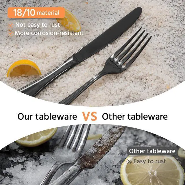 Alt view image 6 of 7 - 18/10 Stainless Steel Silverware Set for 12, 60 Piece Black Flatware Set | KINGSTONE Teardrop Heavy Cutlery Set, Mirror Polished Knives Fork Spoons Utensils, Dishwasher Safe for Home Kitchen Wedding