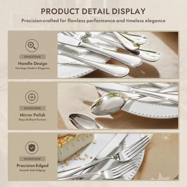 Alt view image 3 of 7 - 18/10 Stainless Steel Silverware Set for 8, 40 Piece Teardrop Flatware Set | KINGSTONE Heavy Cutlery Set, Mirror Polished Knives Forks and Spoons Utensils, Dishwasher Safe for Home Kitchen Wedding