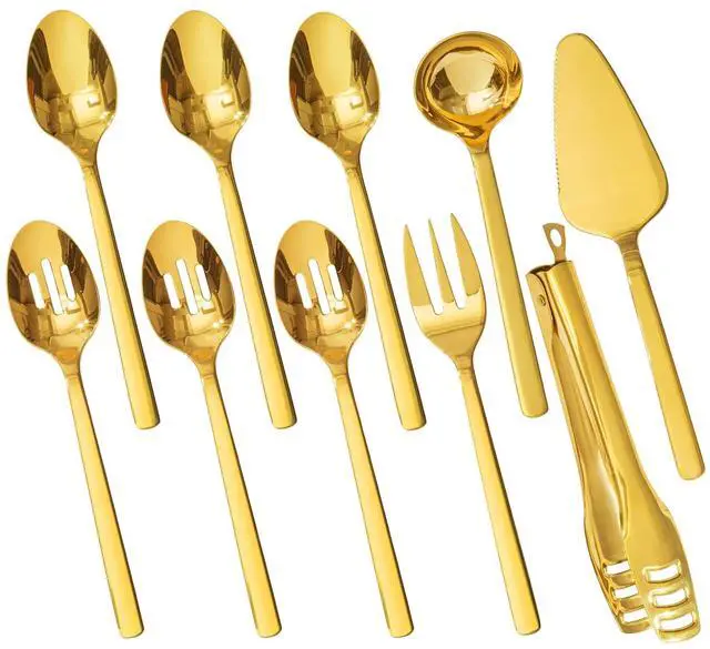 Main image of KINGSTONE 18/10 Large Hostess Gold Serving Utensils,Stainless Steel Serving | Heavy Duty Serving Set, 10 inch Serving Spoons, Slotted Spoons, Forks, Tongs, Cake Pie Server for Buffet, Wedding, Parties