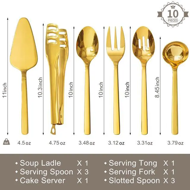 Alt view image 2 of 7 - KINGSTONE 18/10 Large Hostess Gold Serving Utensils,Stainless Steel Serving | Heavy Duty Serving Set, 10 inch Serving Spoons, Slotted Spoons, Forks, Tongs, Cake Pie Server for Buffet, Wedding, Parties