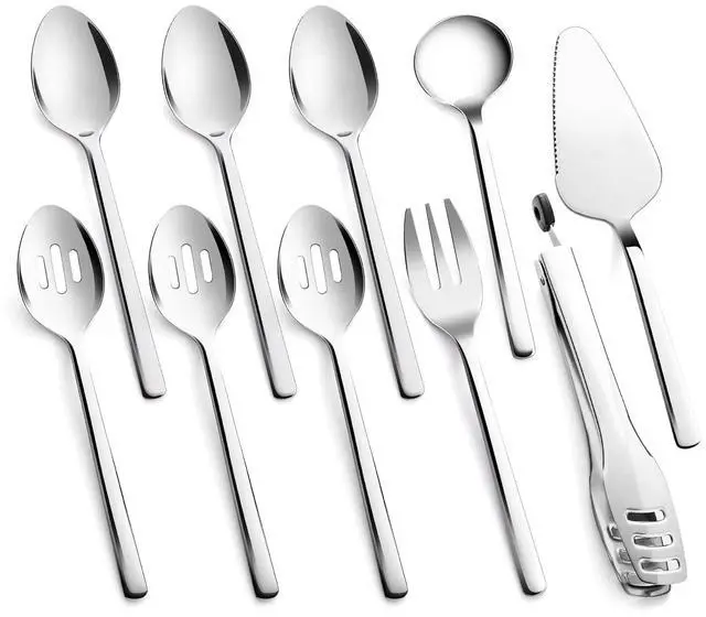 Main image of KINGSTONE 10 piece Large Hostess Serving Utensils Set,18/10 Stainless Steel | Heavy Duty Serving Set, 10 inch Serving Spoons, Slotted Spoons, Forks, Tongs, Cake Pie Server for Buffet, Wedding, Parties