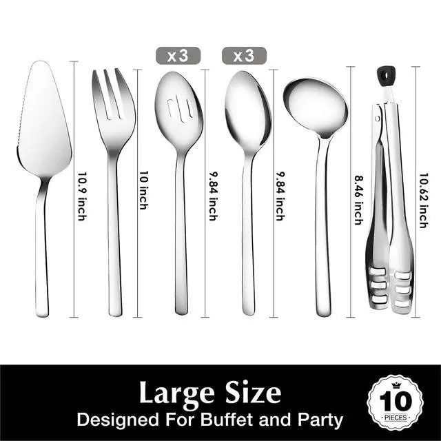 Alt view image 4 of 5 - KINGSTONE 10 piece Large Hostess Serving Utensils Set,18/10 Stainless Steel | Heavy Duty Serving Set, 10 inch Serving Spoons, Slotted Spoons, Forks, Tongs, Cake Pie Server for Buffet, Wedding, Parties