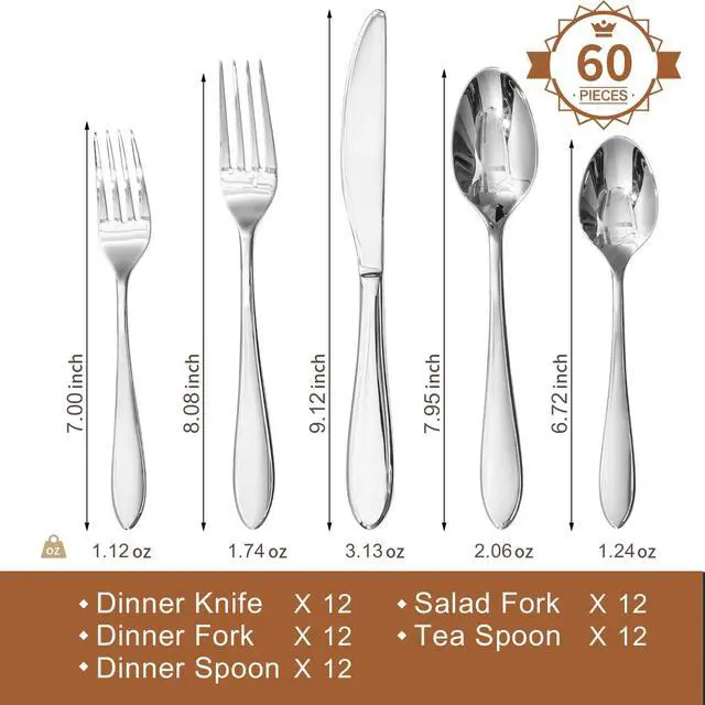 Alt view image 2 of 7 - KINGSTONE 60-Piece Silverware Set for 12,18/10 Stainless Steel | Mirror Polished, Dishwasher Safe , for Home, Restaurant, Wedding and Party Use