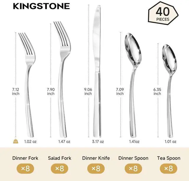 Alt view image 2 of 7 - Silverware Set for 8, 40 Piece Heavy Duty 18/10 Stainless Steel Flatware Set, Mirror Polished Cutlery Set with Knives Forks Spoons, Dishwasher Safe Eating Utensils for Home Kitchen Wedding