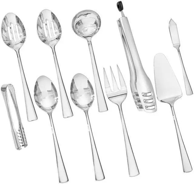 Main image of KINGSTONE 10 Piece 18/10 Serving Utensils Set, Stainless Steel Serving Set | Slotted Spoon, Fork, Tong, Soup Ladle, Cake Server, Butter Knife and Ice Tong for Buffet, Parties, Kitchen,Entertaining