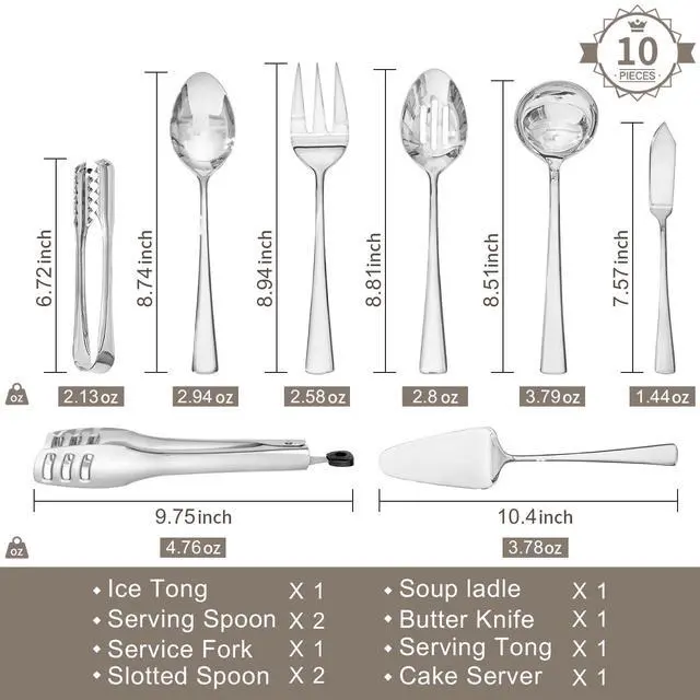 Alt view image 2 of 7 - KINGSTONE 10 Piece 18/10 Serving Utensils Set, Stainless Steel Serving Set | Slotted Spoon, Fork, Tong, Soup Ladle, Cake Server, Butter Knife and Ice Tong for Buffet, Parties, Kitchen,Entertaining