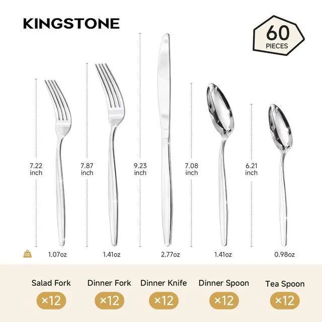 Alt view image 7 of 7 - KINGSTONE 18/10 Stainless Steel Silverware Set for 12,60 Piece Flatware Set | Heavy Duty Dining Utensils & Cutlery Set, Mirror Polished Finish, Dishwasher Safe for Home Kitchen, Wedding & Housewarming