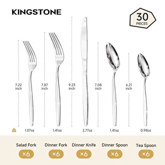 Alt view image 6 of 7 - KINGSTONE 18/10 Stainless Steel Silverware Set for 6,30 Piece Flatware Set | Heavy Duty Dining Utensils & Cutlery Set, Mirror Polished Finish, Dishwasher Safe for Home Kitchen, Wedding & Housewarming