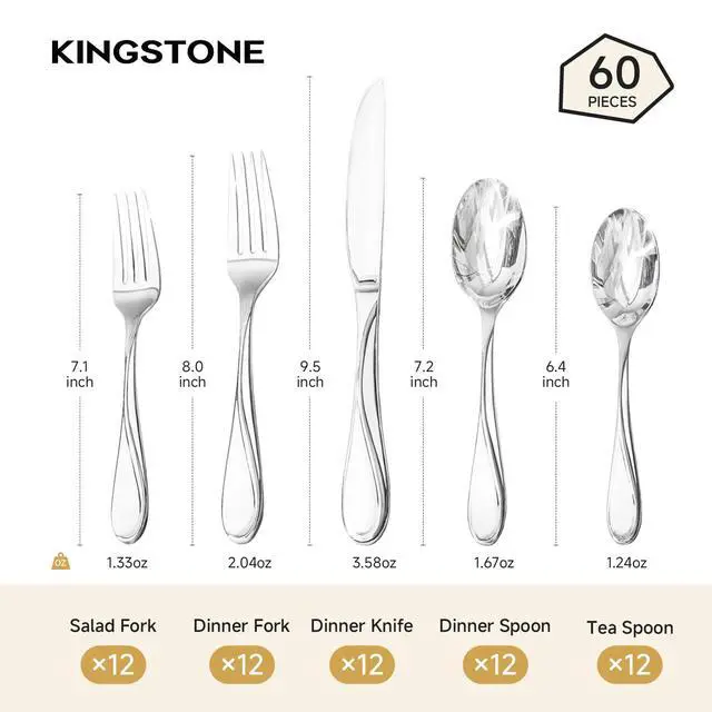 Alt view image 2 of 7 - KINGSTONE 60-Piece Silverware Set Service for 12, Heavy Duty Stainless Steel Flatware Set,Cutlery Set for Home Kitchen Restaurant Wedding, Dishwasher Safe