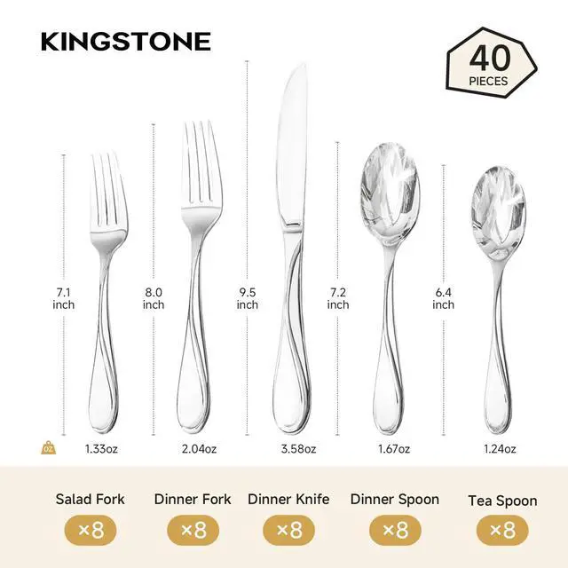 Alt view image 2 of 7 - KINGSTONE 40-Piece Silverware Set Service for 8, Heavy Duty Stainless Steel Flatware Set,Cutlery Set for Home Kitchen Restaurant Wedding, Dishwasher Safe