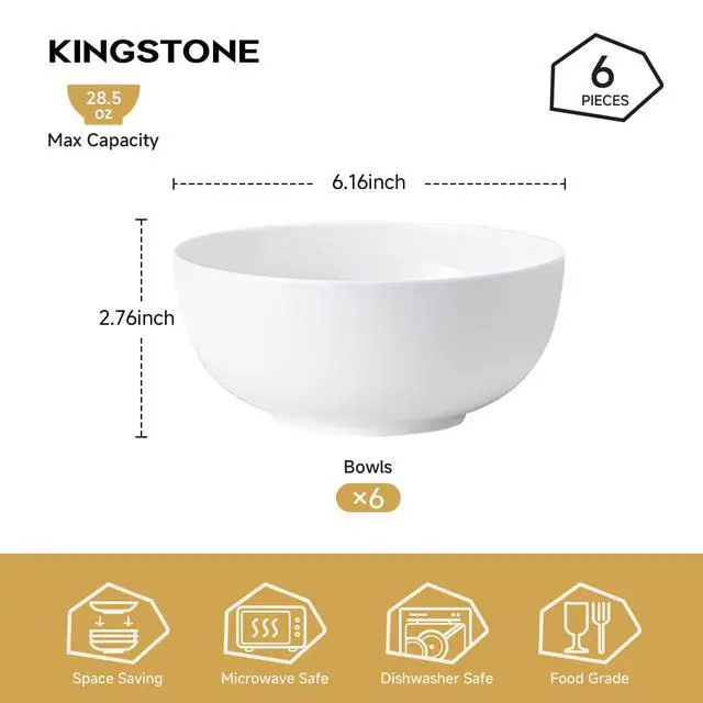 Alt view image 2 of 7 - KINGSTONE 6 Pack Bone China Bowl Set, 28.5 oz Soup and Cereal Bowls, White | Lightweight & Durable Dinner Bowls for Salad Dessert Pasta Cereal Soup Rice Oatmeal, Microwave & Dishwasher Safe