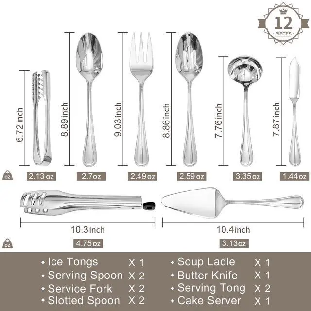 Alt view image 3 of 7 - 12-Piece Teardrop Serving Utensils Set, 18/10 Stainless Steel Utensils | Serving Utensils, Includes Serving Spoons, Forks & Tongs, Dishwasher Safe, Buffet, Catering, Wedding