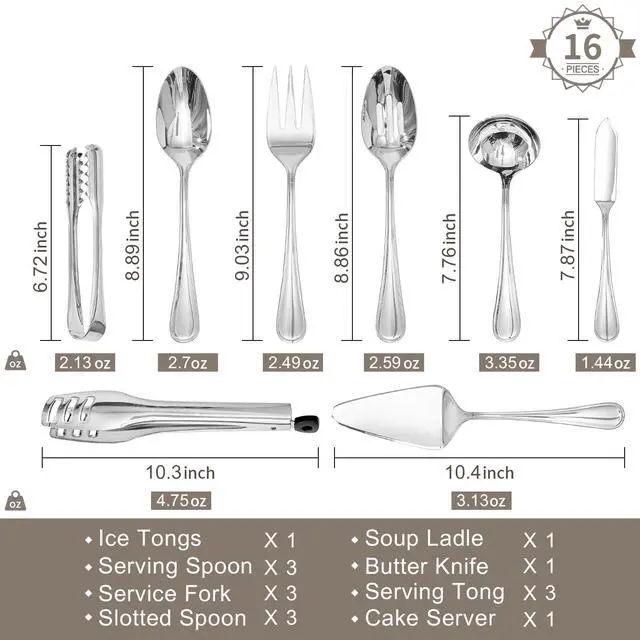 Alt view image 3 of 7 - 16-Piece Teardrop Serving Utensils Set, 18/10 Stainless Steel Utensils | Serving Utensils, Includes Serving Spoons, Forks & Tongs, Dishwasher Safe, Buffet, Catering, Wedding